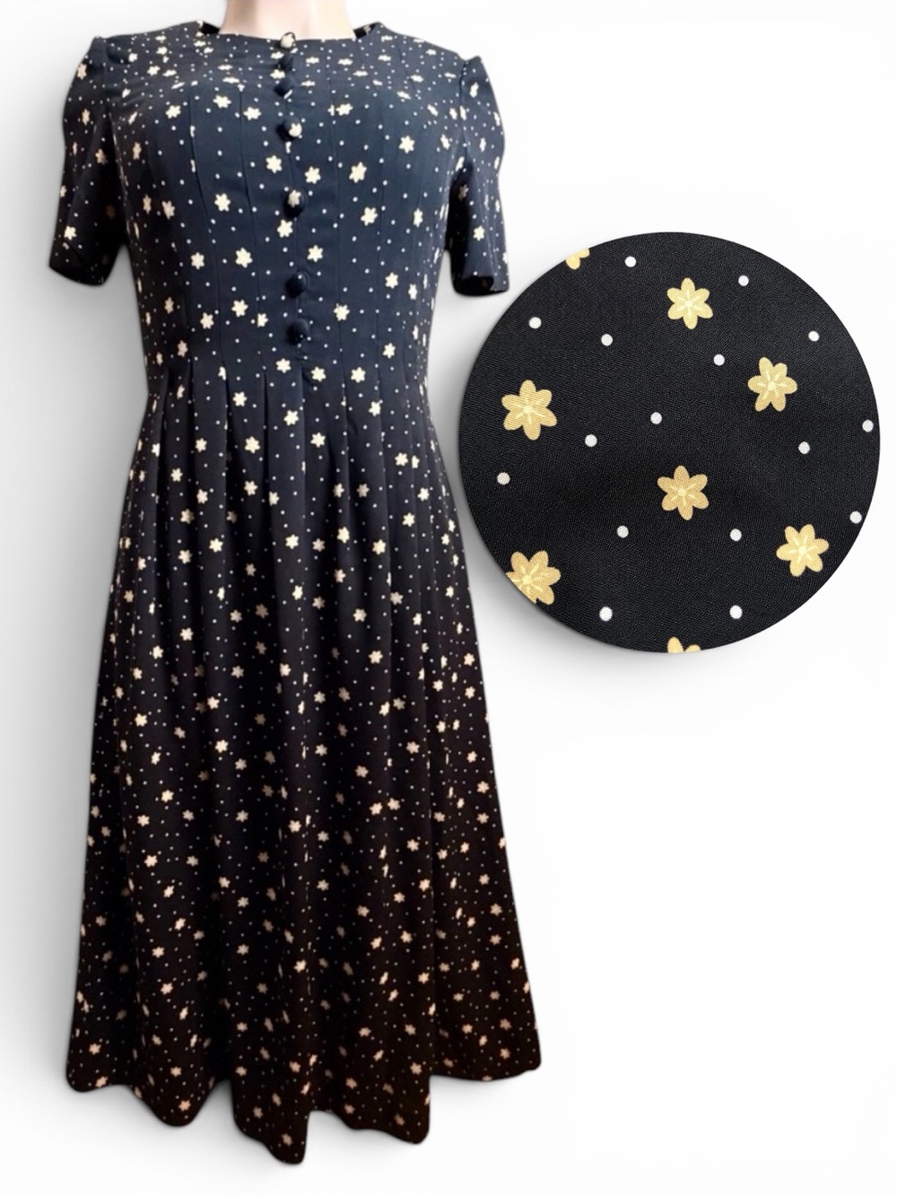 DW3 David Warren Black Floral Midi Dress Fit & Flare Lined Short Sleeve Size 14